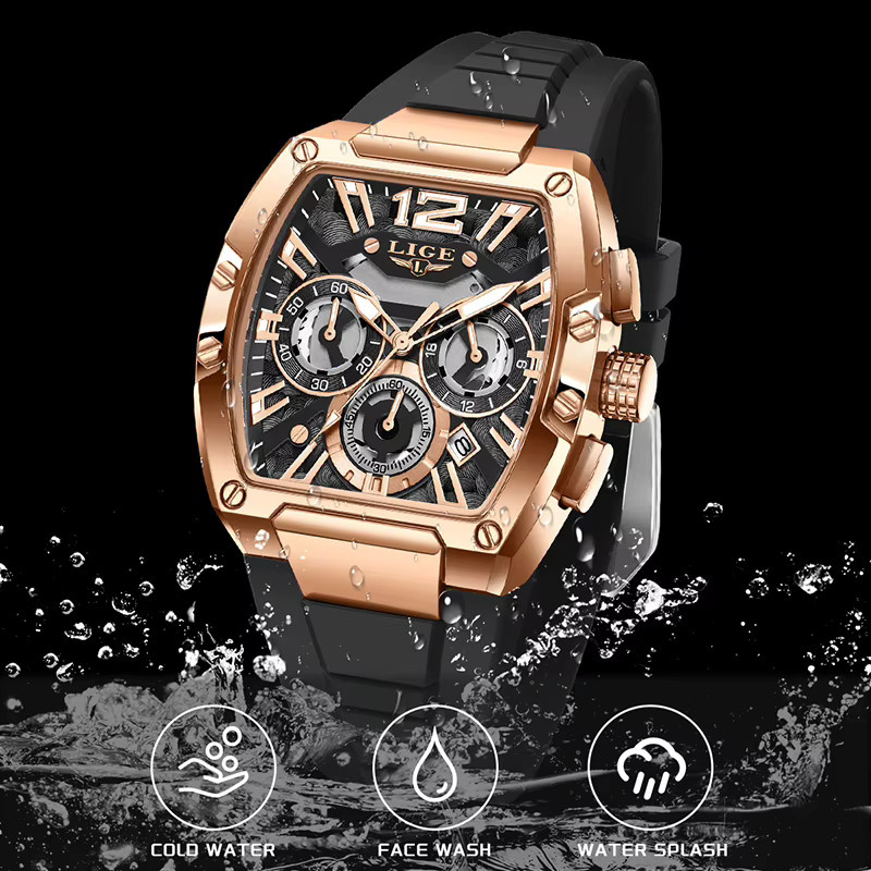 LIGE Chronograph Armbanduhr, Quarz, Blau, Roségold, Silber, Silikon, Herren - Bild 4