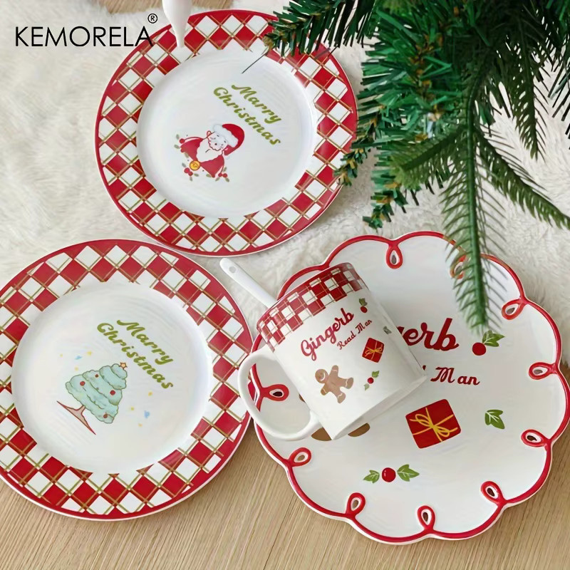 KEMORELA Weihnachts-Keramik-Geschirrset aus Porzellan mit Teller und Tassen für Dessert und Snacks - Bild 2