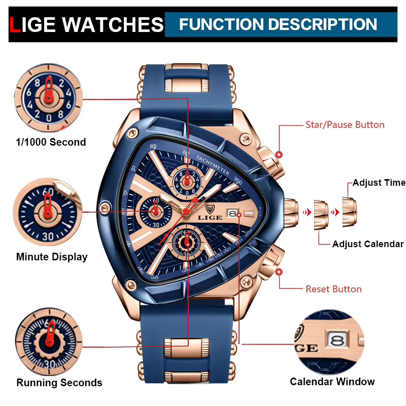 Lige Armbanduhr Quarz, Edelstahl, Schwarz, Eckig, Herren - Bild 3