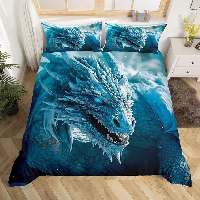 3D Drachen Bettwäsche Set mit Schneebedeckten Bergen in Blau und Weiß, Mikrofaser Deckenbezug und Kissenbezug für Kinderzimmer, B/H: 172 x 218 cm - Bild 1