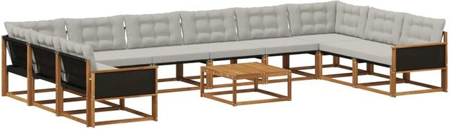 vidaXL Outdoor-Sofagarnitur in U-Form aus massivem Akazienholz mit Textilene und Kissen, Hellgrau - Bild 1