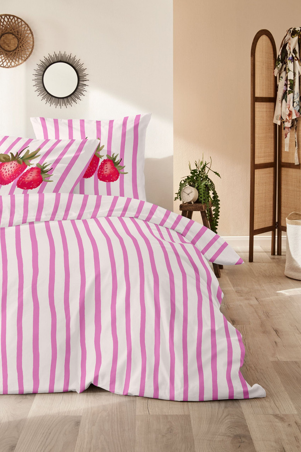 Primera Renforce Bettwäsche mit Erdbeeren und Streifen in Weiss und Pink, B/H: 135 x 200 cm, inklusive Kissenbezug 80 x 80 cm - Bild 1