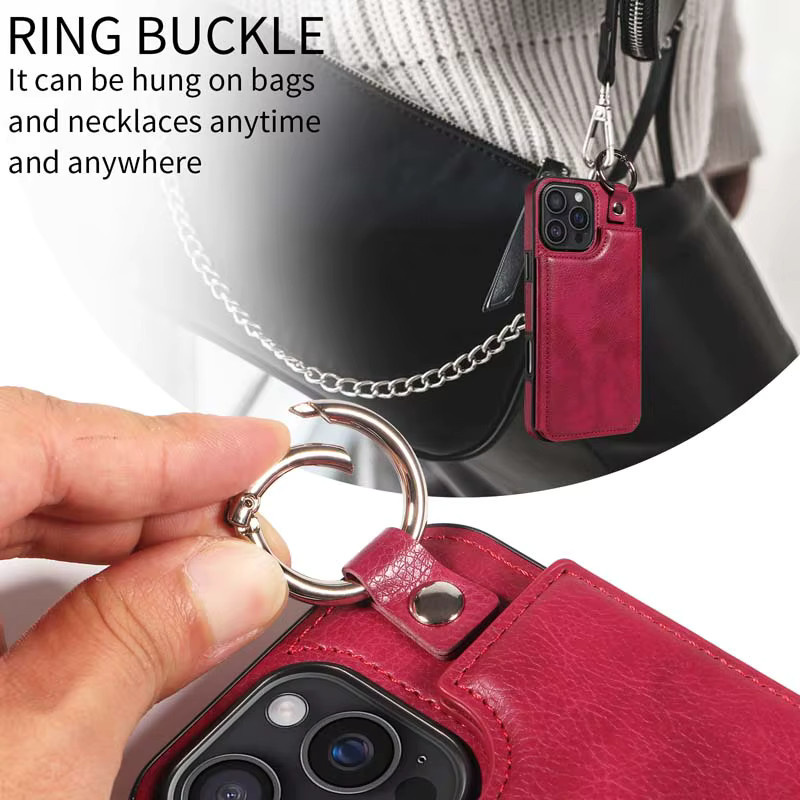Magnetische Leder-Handyhülle mit Kartenfach und Ring für Apple iPhone 11 bis 16 Pro Max in Rot - Bild 2
