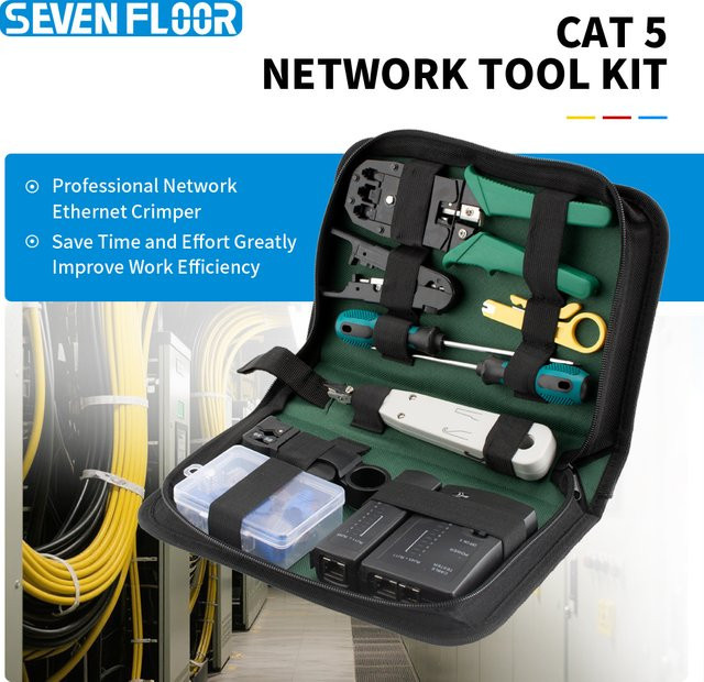 Netzwerk-Werkzeugset von seven floor mit RJ45 Crimpzange, Kabeltester, Abisolierzange und Aufbewahrungstasche für die Wartung modularer Stecker - Bild 1
