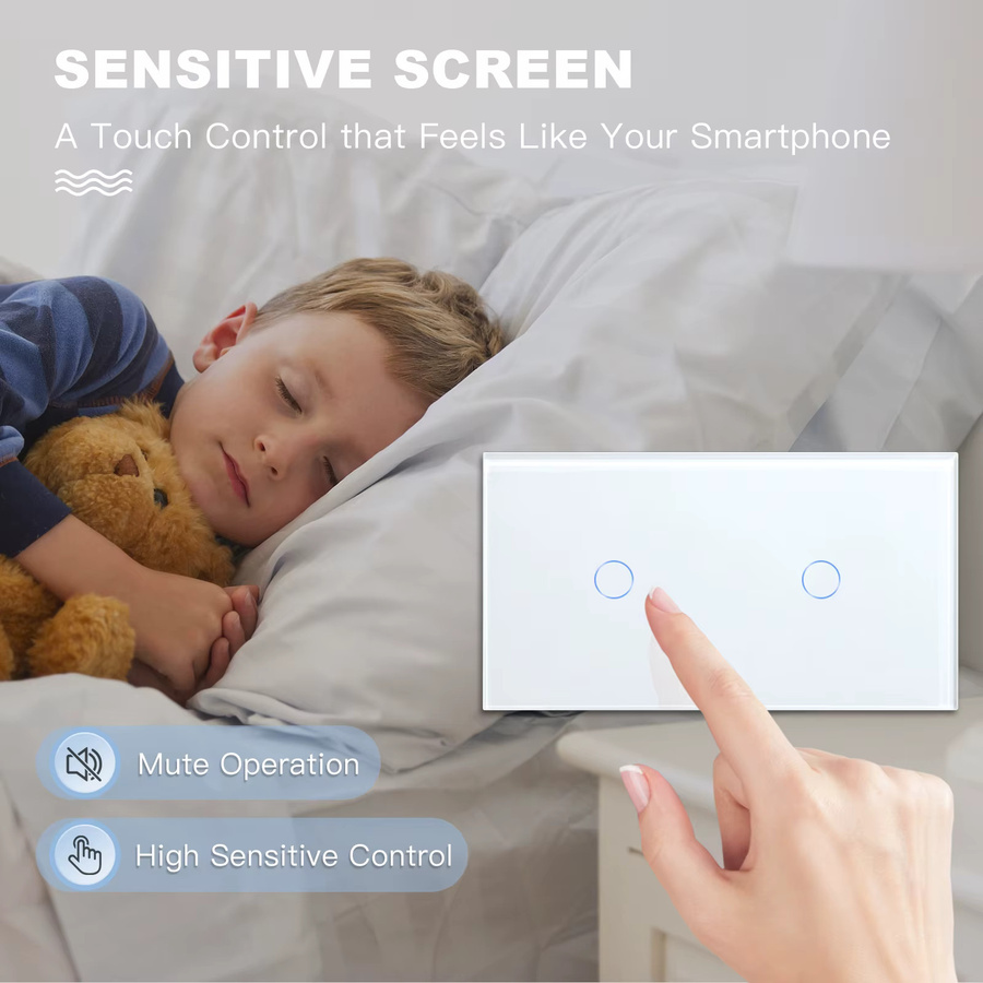 BSEED Touch-Schalter doppelt, 1 Gang, 1 Weg, Wandlichtschalter mit blauem LED-Hintergrund und Glas-Sensorbildschirm, Weiß - Bild 4