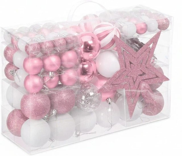 Relaxdays Weihnachtskugeln Set aus Kunststoff in Rosa mit Herzen, Sternen und Schneeflocken, matt, glänzend und glitzernd - Bild 1