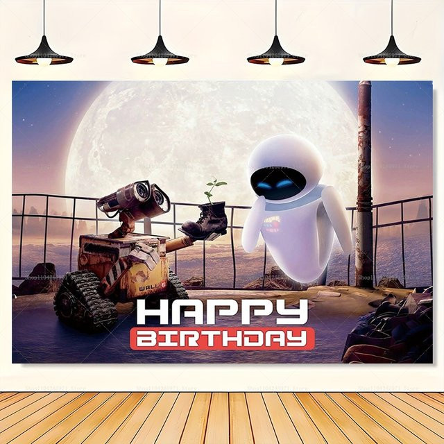 Disney WALL-E und Eve Fotohintergrund für Kindergeburtstage und Babypartys, Cartoon Roboter Weltraum Illustration, Mehrfarbig - Bild 1