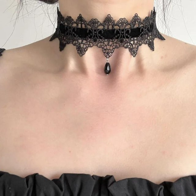 Halsband Damen, Samt-Kragen, Wassertropfen-Anhänger, Schwarz - Bild 1