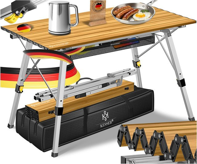 KESSER Campingtisch faltbar mit Aluminiumrahmen und aufrollbarer Tischplatte in Holz-Optik, Braun - Bild 1