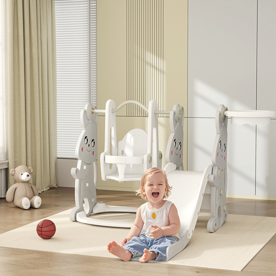 AIYAPLAY Kinderrutsche 4-in-1 mit Schaukel, Klettergerüst, Basketballkorb, Hasendesign, Grau, 1,5-4 Jahren - Bild 2