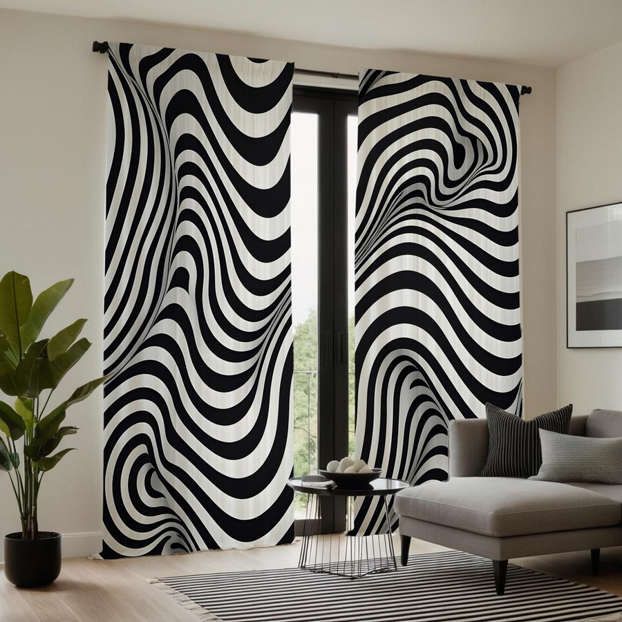 2er-Set dekorative Gardinen mit schwarz-weißem geometrischem Wellenmuster und digitalem Banddruck, semi-transparent, B: 132 cm, H: 160 cm - Bild 3