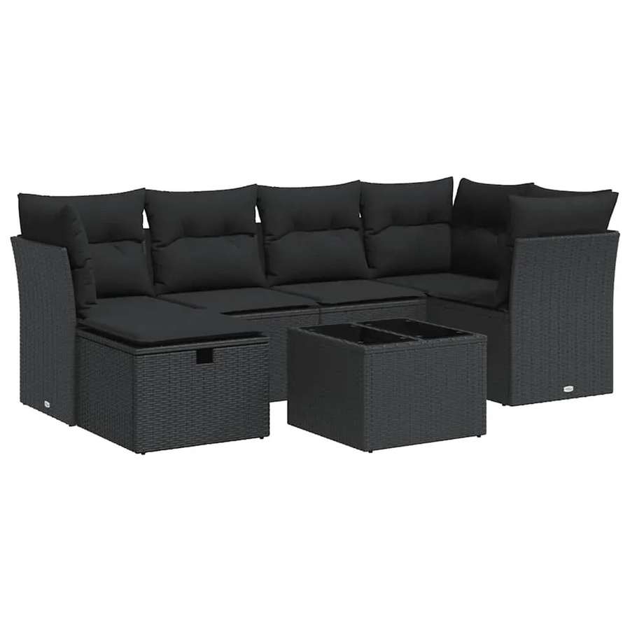 vidaXL 7-tlg. Garten-Sofagarnitur in L-Form aus Polyrattan mit Kissen in Schwarz - Bild 2