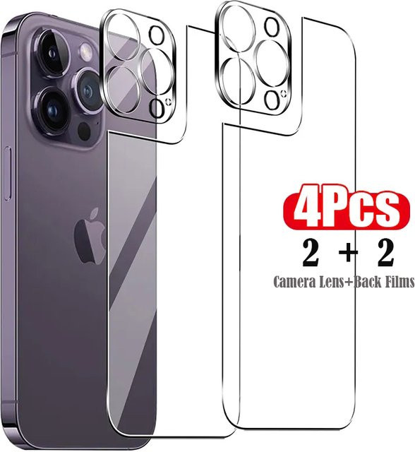 Fudusaidman 4in1 Panzerglas Set für iPhone 16 15 14 13 12 11 Pro Max Plus Mini, Transparent, Bestehend aus 2 Rückglas-Schutzfolien und 2 Linsenglas-Schutzfolien - Bild 1