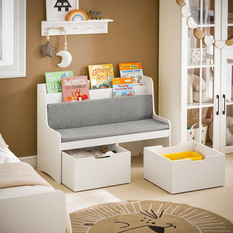 SoBuy KMB66-W Kinder Sitzbank mit Bücherregal und Spielzeugtruhe in Weiß mit Sitzkissen und Rollen, B/T/H: 100 x 70 x 45 cm - Bild 1