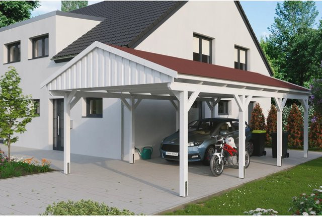 Skan Holz Carport Fichtelberg aus Fichte in Weiß mit roten Dachschindeln, Breite: 423 cm, Tiefe: 808 cm, Höhe: 326 cm - Bild 1