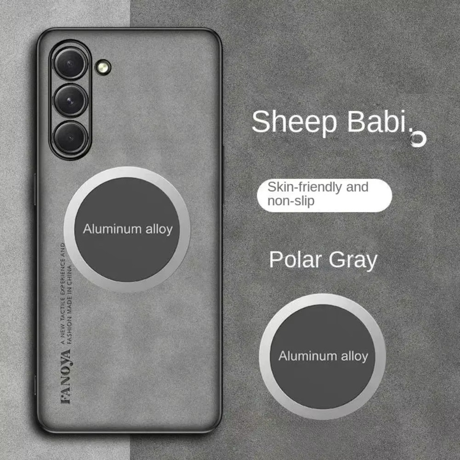 Samsung Business Retro Handyhülle aus Lammfell und Leder mit Magnet-Autohalterung für Samsung M56 A56 A55 und weitere Modelle in Grau - Bild 3
