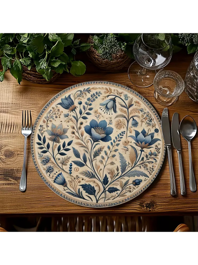 VIKAMA 4-teiliges rundes Tischset aus PVC in Französischblau mit Blumenmuster, wasserdicht, hitzebeständig und rutschfest - Bild 4