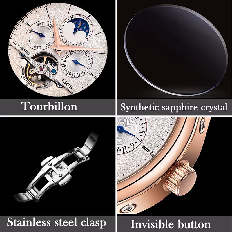 Lige Armbanduhr Automatik, Leder, Herren, Weiß, Roségold - Bild 4