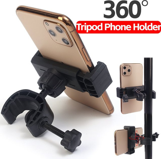 360-Grad-drehbares Stativ mit Clip-on-Telefonhalterung für Smartphones und Mikrofone in Schwarz - Bild 1