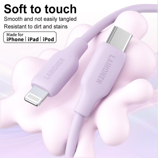 LAIHONEN USB-C zu Lightning Schnellladekabel aus flexiblem Silikon für iOS Geräte in Pink und Purple - Bild 1
