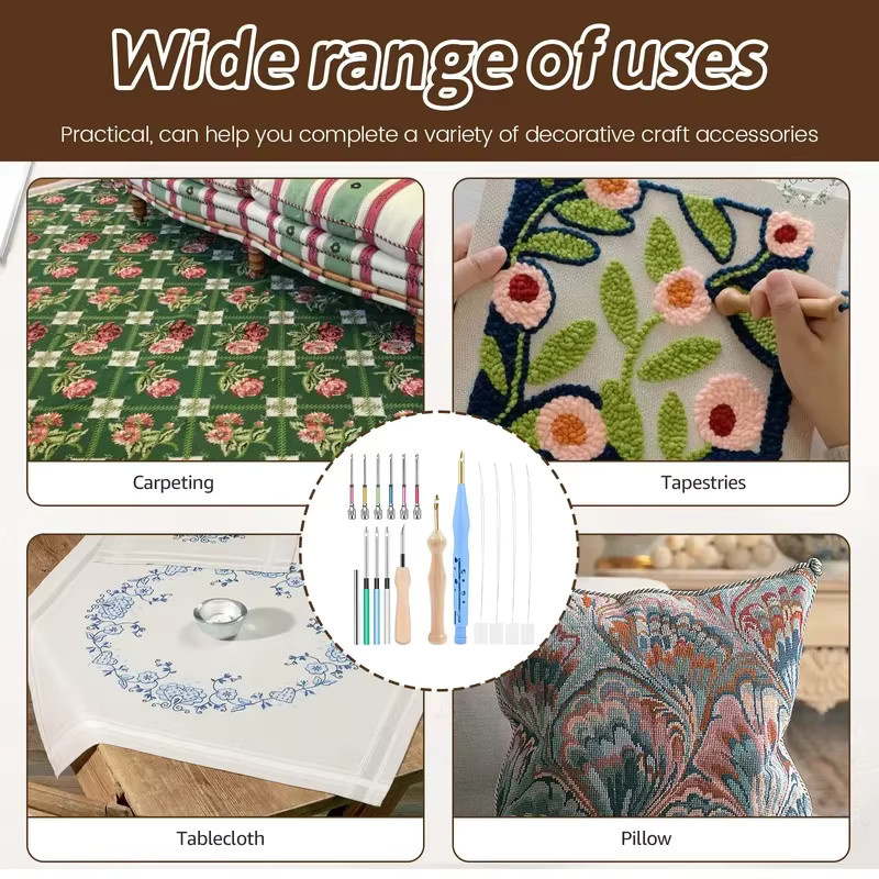 17-teiliges Punch-Needle-Stickerei-Set aus Holz mit buntem Garn und Nähwerkzeugen für DIY-Handarbeiten - Bild 3