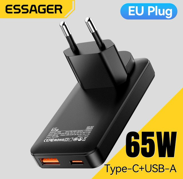 Essager Slim 65 W GaN Reiseladegerät mit USB-A und USB-C, tragbares Schnellladegerät für iPhone, Samsung und MacBook, erhältlich in Schwarz oder Grau - Bild 1