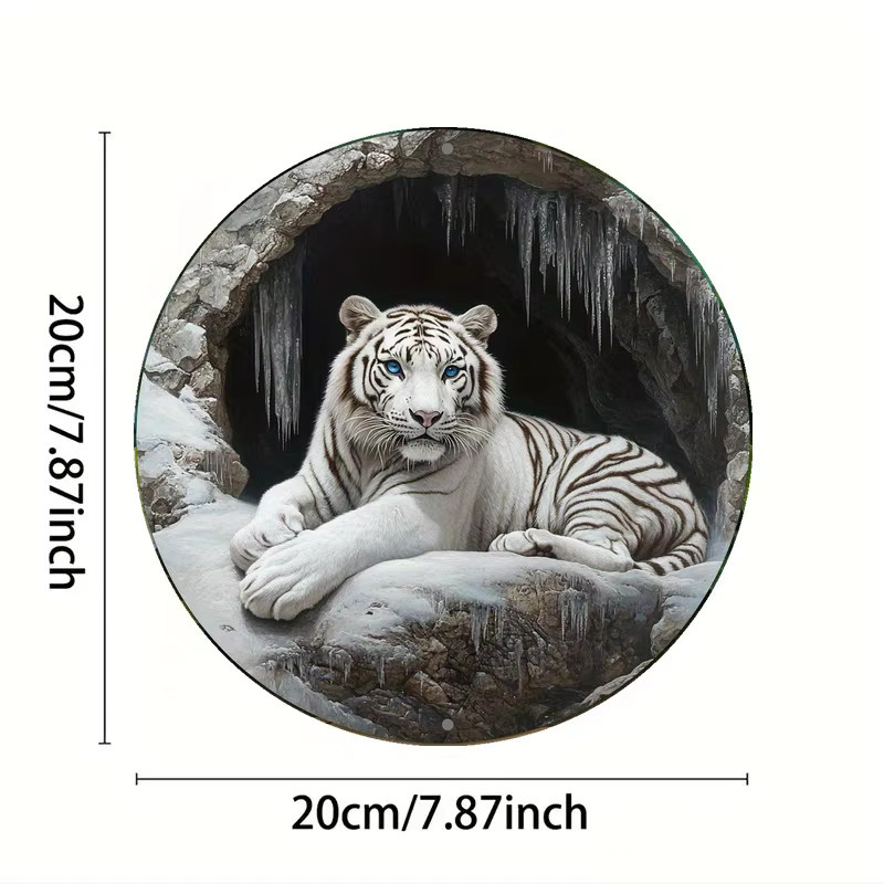 HELLOYOUNG Vintage Wandkunst aus Metall mit weißem Tiger Motiv, runde rustikale Wanddekoration, Durchmesser: 20,3 cm - Bild 2