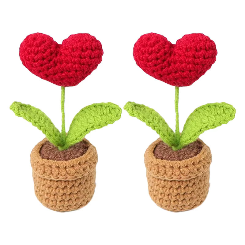 Handgefertigter gestrickter Blumentopf mit roter herzförmiger Kunstpflanze von ZQNYCY zur Tischdekoration - Bild 5