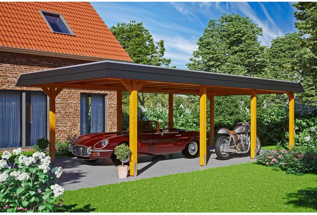 Skan Holz Carport Wendland Eiche hell mit EPDM-Dach und schwarzer Blende B/T: 409 x 870 cm - Bild 1