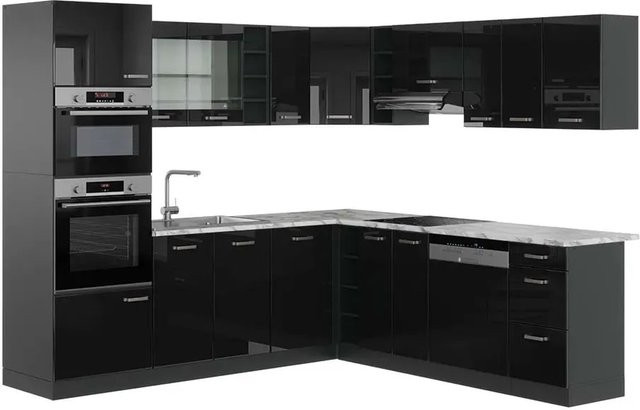 Vicco R-Line Eckküche in Schwarz Hochglanz und Anthrazit mit Marmor-Optik, B/T/H: 237 x 247 cm - Bild 1