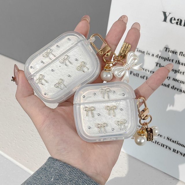 Glitzer Kopfhörer Hülle mit 3D-Schleife und Perlen-Schlüsselanhänger für Apple AirPods Pro 3/Pro 2/Pro und AirPods 4/3/2/1, transparent - Bild 1