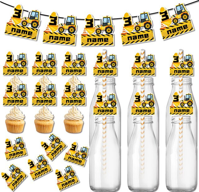 WEIGAO Baby Geburtstagsdeko Set mit Baustellenfahrzeug Motiv, Banner, Aufklebern und Kuchen-Deko in Mehrfarbig - Bild 1