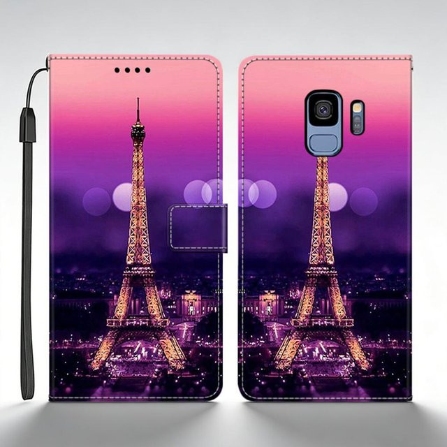 Samsung Galaxy S9 Plus Leder Flip Wallet Case mit Schmetterling und Katze Motiv in Purple - Bild 1