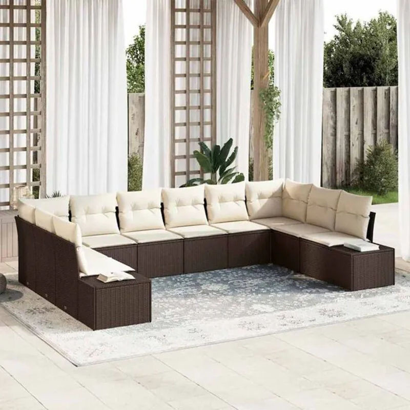 Vidaxl Polyrattan Garten-Sofa-Set aus 10 Teilen in Braun und Beige, modernes Loungemöbel-Set mit Stahlgestell, B/T/H: 344 x 209 x 85 cm - Bild 1