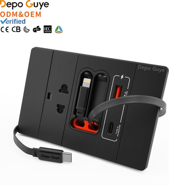 Depo Guye Universal Wandsteckdose mit 20W PD Schnellladung und Doppel-USB-Ladefunktion inklusive USB Typ-C in Schwarz, B: 12,0 cm, H: 7,9 cm - Bild 1