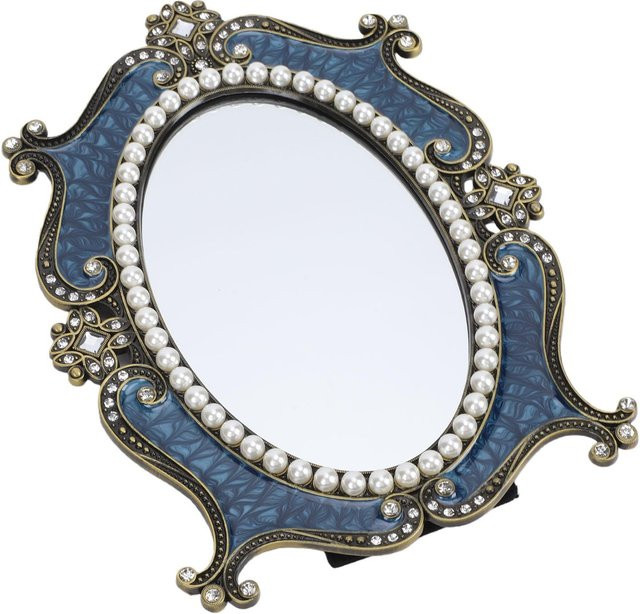 Vintage Schminkspiegel von Toys Arts in Blau, oval geformter Tischspiegel mit Faux Perlen und Strasssteinen aus Legierung, Durchmesser: 17,78 cm - Bild 1