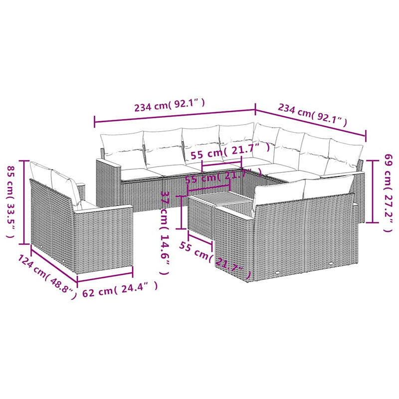 Vidaxl Gartenmöbel-Set aus Polyrattan mit Kissen, 12-teilig, Schwarz - Bild 2