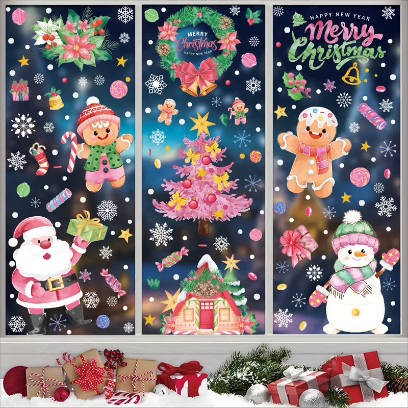 Joy-enlife Weihnachts-Fensteraufkleber in Rosa mit Weihnachtsmann, Schneemann und Rentier für Glas und Kunststoff - Bild 2
