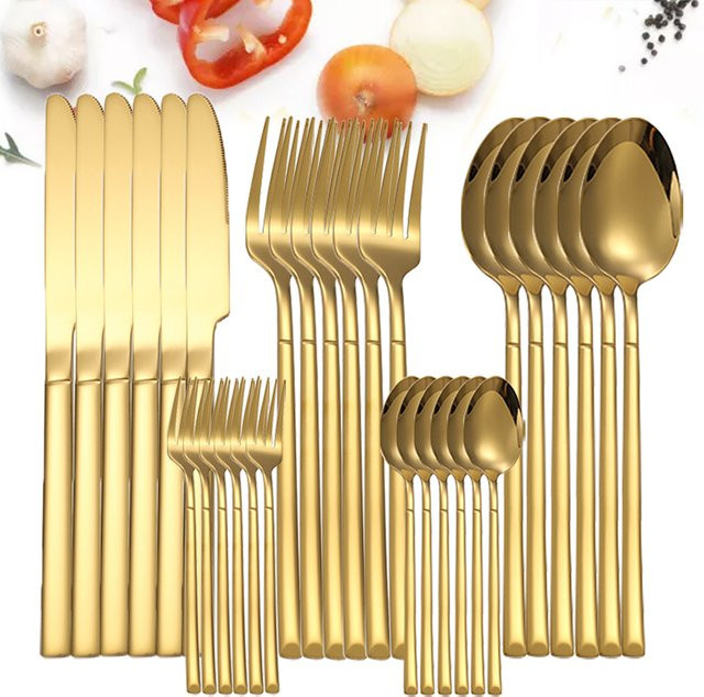 MYVIT Besteckset aus Edelstahl in Gold, bestehend aus Messern, Gabeln, Esslöffeln und Teelöffeln, spülmaschinenfest - Bild 1