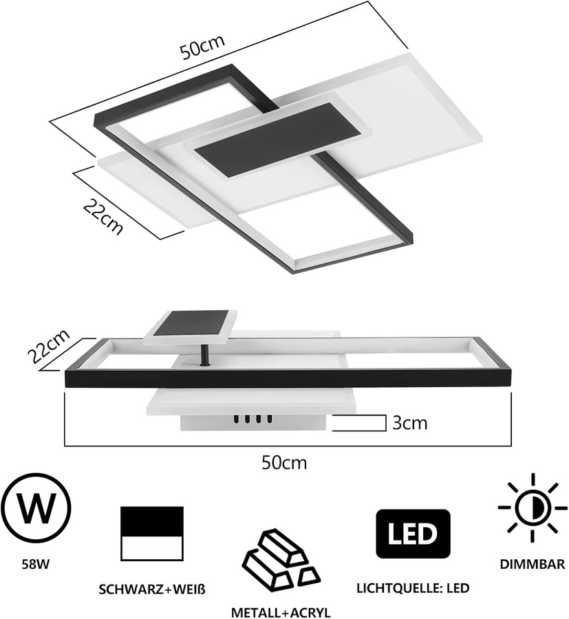 Moderne LED Deckenlampe von Nettlife in Schwarz und Weiß, dimmbar mit Fernbedienung, 58W, geometrisches Design aus Acryl für Wohnzimmer, Schlafzimmer, Küche oder Büro - Bild 2