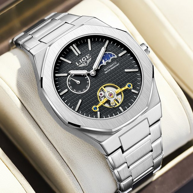 LIGE Armbanduhr Automatik, Mondphase, Edelstahl, Herren, Schwarz, Silber - Bild 1