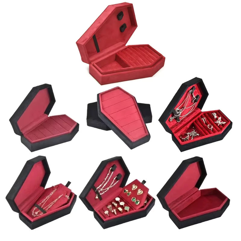 TAIMY Retro Schmuckschatulle in Sargform aus rotem Samt im Gothic Vampir Stil zur Aufbewahrung von Schmuck wie Ringen und Halsketten - Bild 1