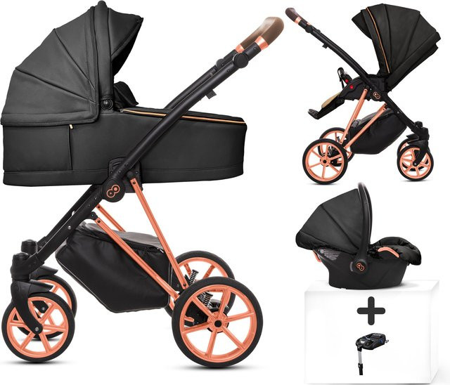 TPFLiving 4in1 Kinderwagen Royal aus Kunstleder in Onyx mit Gestell in Roségold - Bild 1