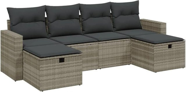 vidaXL 6-tlg Garten-Sofagarnitur aus Poly Rattan in Grau mit Kissen und Ottoman im L-Shape Design - Bild 1