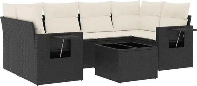 vidaXL 7-teilige Garten-Sofagarnitur in L-Form aus Poly-Rattan und pulverbeschichtetem Stahl mit Kissen in Schwarz-Creme - Bild 1
