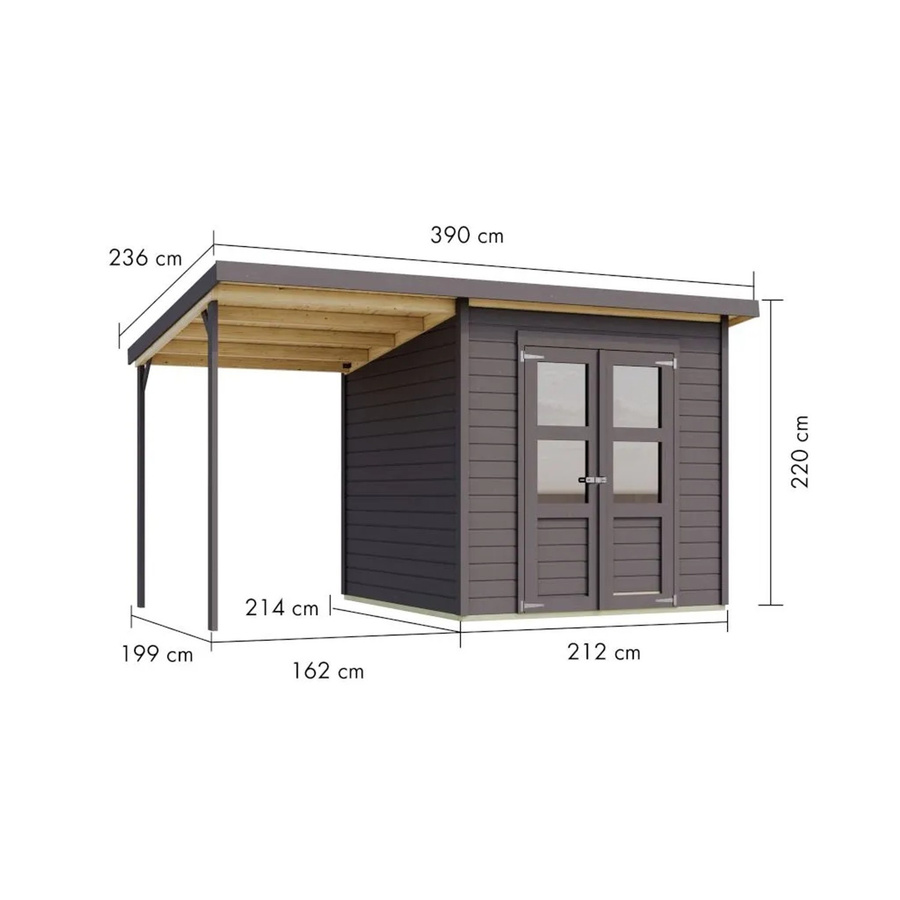 Karibu Gartenhaus Merseburg mit Anbaudach in Grau, Pentdach-Design mit Doppeltür und 14 mm Wandstärke - Bild 2
