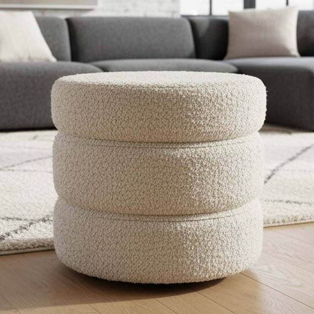 Runder Sitzhocker Pouf aus Bouclé-Stoff in Beige, Durchmesser: 38 cm, Höhe: 35 cm - Bild 1