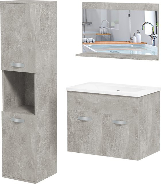Kleankin 3-teiliges Badezimmermöbel-Set in Grau, modernes Waschtischmöbel mit Spiegelregal, Waschbeckenmöbel und wandmontierter Badschranksäule aus MDF, matt - Bild 1