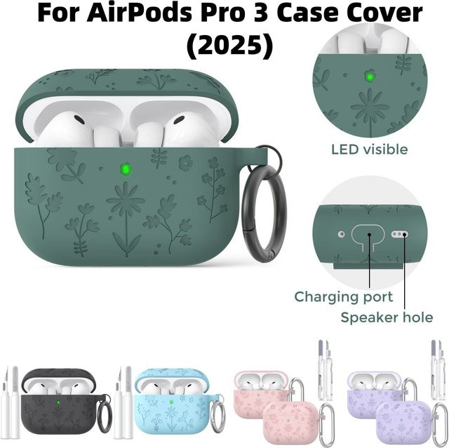 Kopfhörerhülle mit 3D-Blume und Reinigungsset für Apple AirPods Pro 3 Generation in Pink oder Green - Bild 1