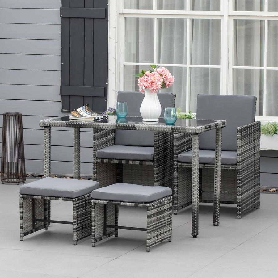 Outsunny Polyrattan Sitzgruppe für 4 Personen mit Kissen, moderne Essgruppe aus Rattan und Metall in Grau, wetterfest für Garten, Balkon und Terrasse - Bild 2